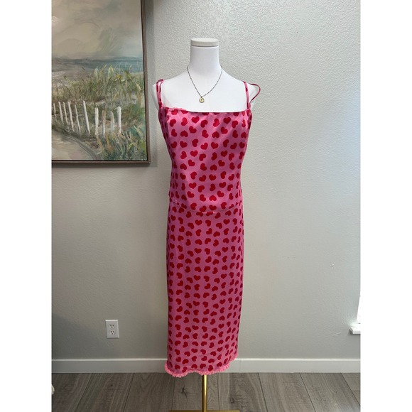 Sugar Thrillz Dresses & Skirts - Sugar Thrillz Pink Heart Print Satin Midi Dress XXL Lace Up Corset Back
